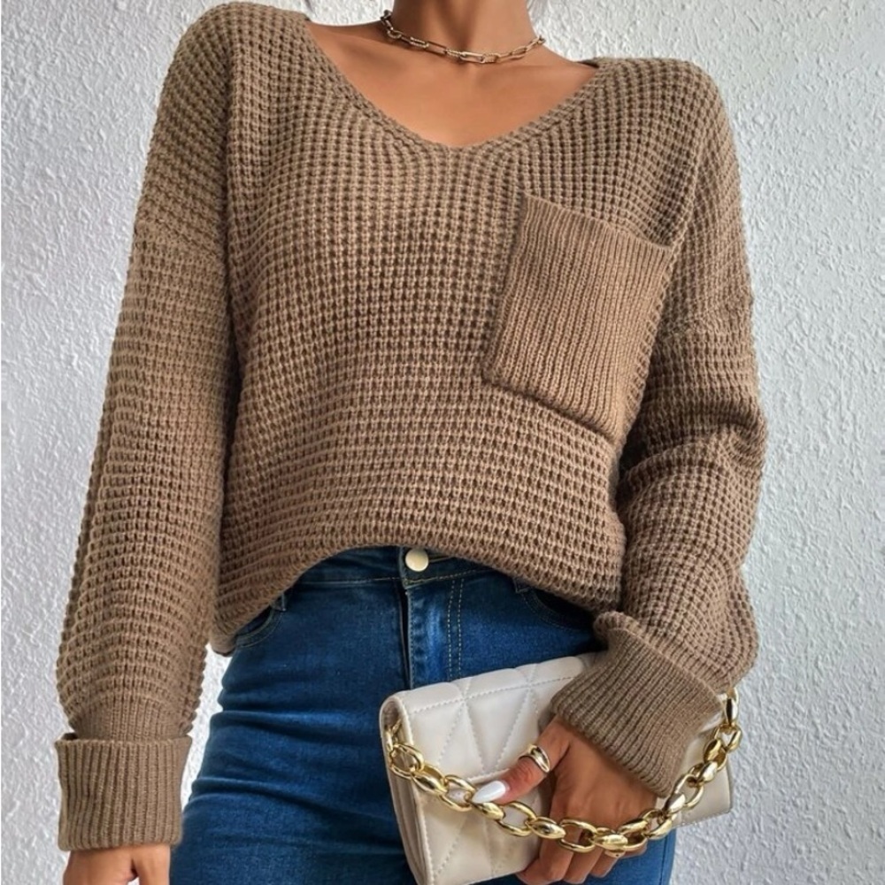 - brown knit front pocket sweater